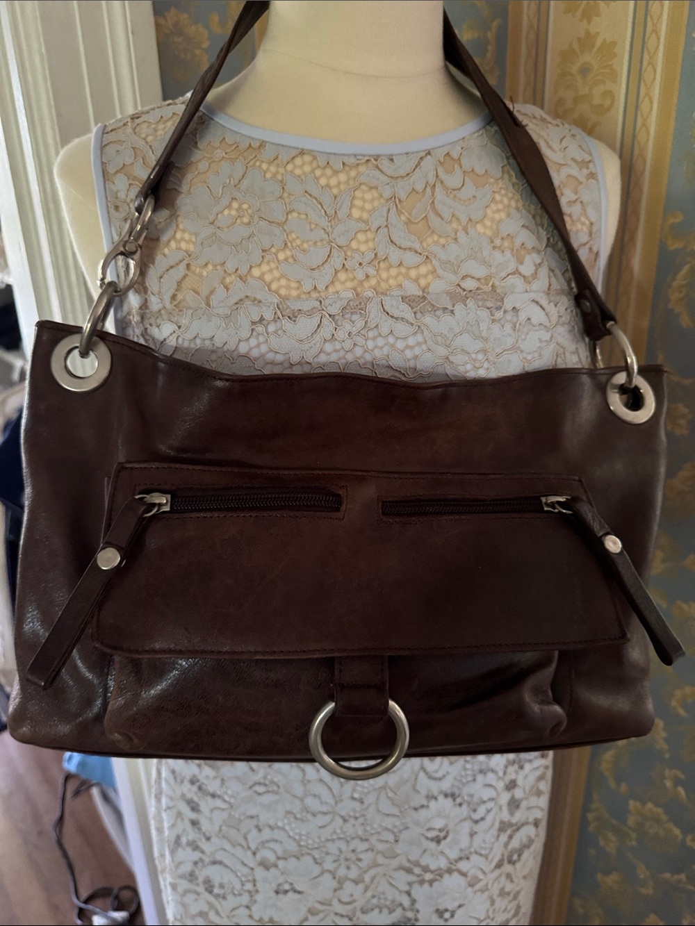 Chocolate Brown Leather Shoulder Bag with Silver Hardware
